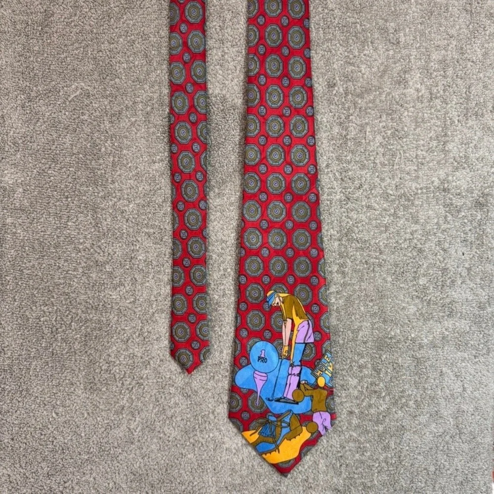 Duomo Milano Mens Silk Tie Red Geometric Novelty Golf Graphic Hand Made Italy